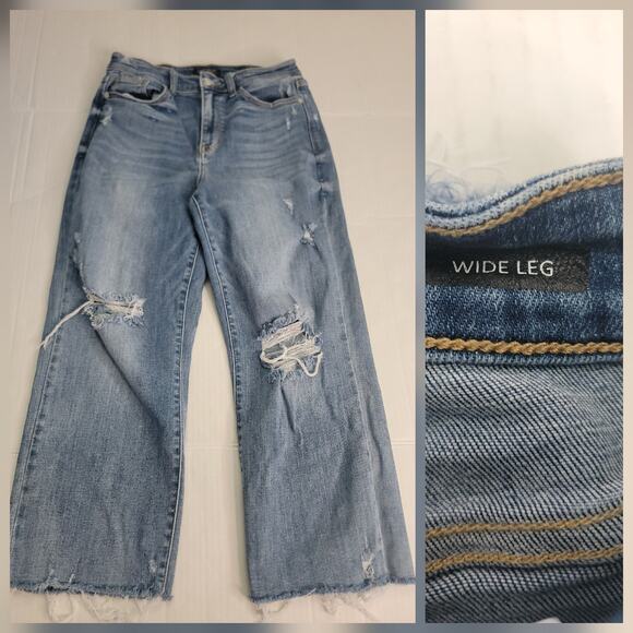 Judy Blue Wide Crop Leg Jeans Sz 29 High Rise Stretch Distressed - Picture 1 of 10